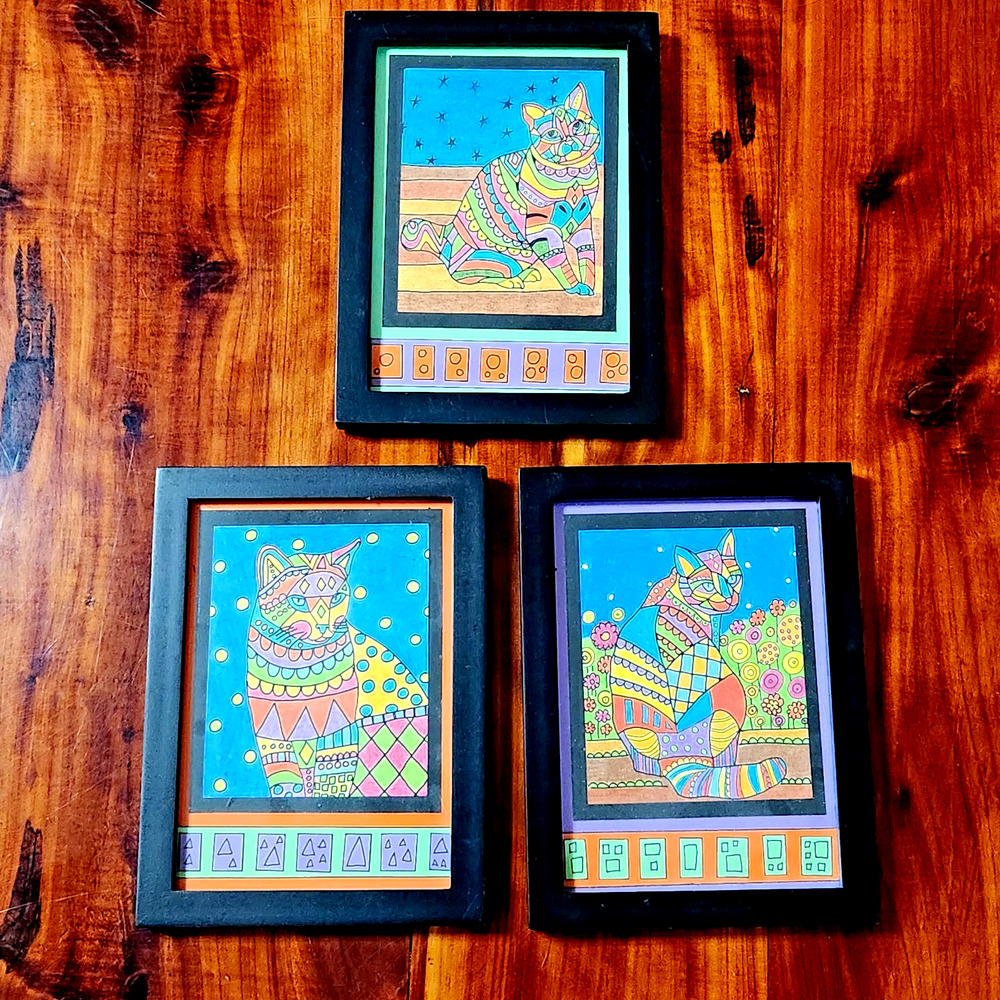 Vtg Cat Folk Art Handmade Framed Home Decor Set of 3 Colorful Whimsical Funky